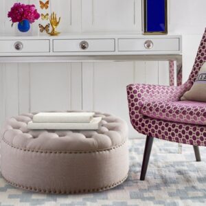 Stylish Tufted Round Pouffe in Beige Colour by Dreamzz Furniture