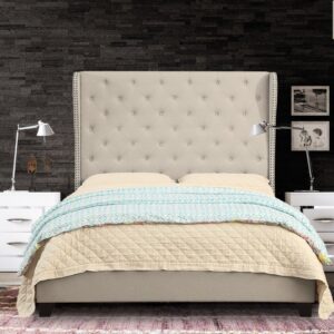 Luxurious Queen Size Upholstered Bed In Off-Beige Colour