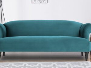Chevron Three Seater Sofa In Blue Velvet