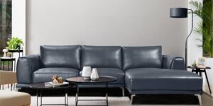 Specy Three Seater Leatherette  Sofa With Lounger In Blue Colour