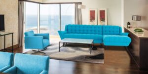 Mid-Century Town LHS Two Seater Sofa With Lounger In Ocean Blue Colour