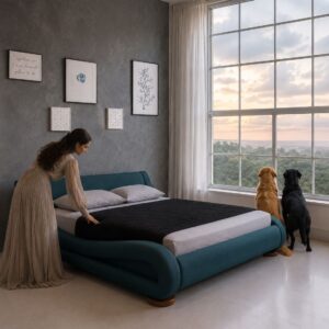 Savvy Leatherette Upholstered Queen Size Bed in Blue Colour