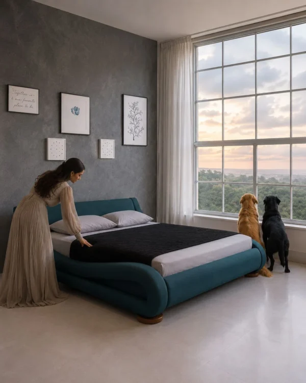 Savvy Leatherette Upholstered Queen Size Bed in Blue Colour