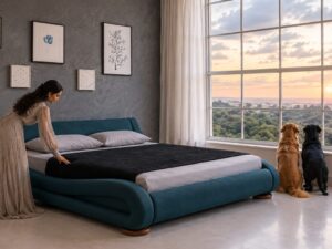 Savvy Leatherette Upholstered Queen Size Bed in Blue Colour